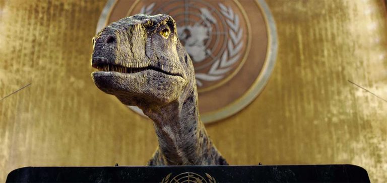 Dinosaurio en la ONU habla de cambio climático