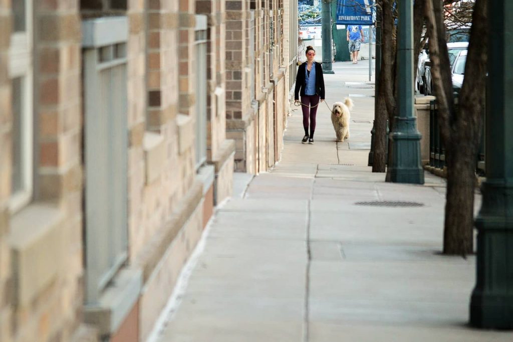 mujer paseando a su perro por la calle